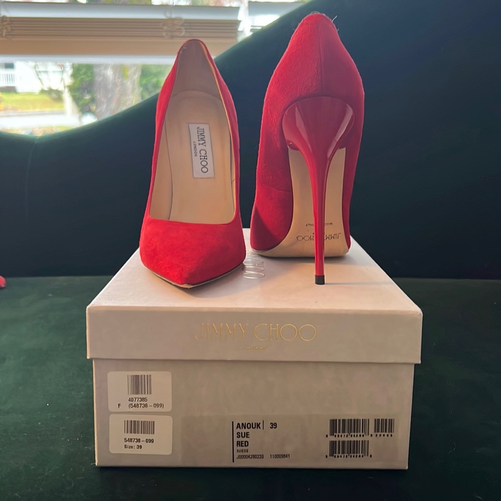 Jimmy Choo Red Suede Pointed-Toe Stiletto Pumps